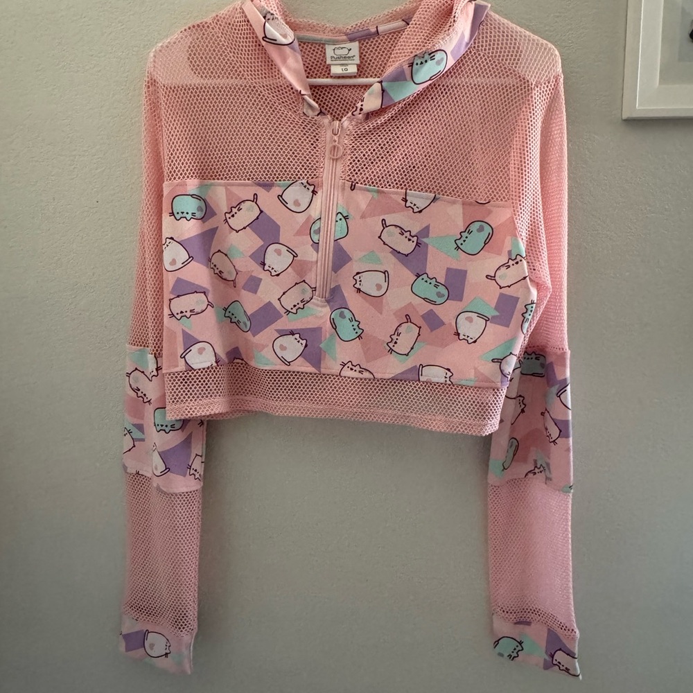 Cute Pink Cropped Mesh Hoodie with Pusheen Print